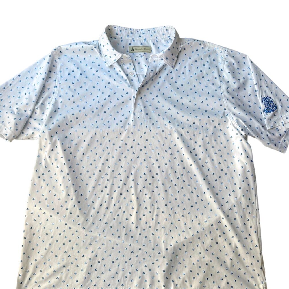 Donald Ross Golf Polo Shirt Mens XXL White Blue Print Performance Short Sleeve